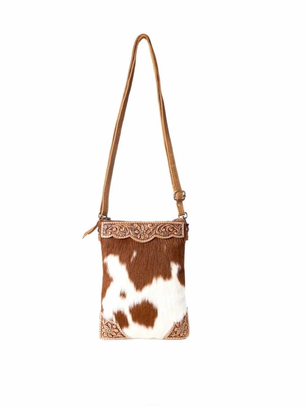 Western Cowhide Crossbody Bag in Brown and White